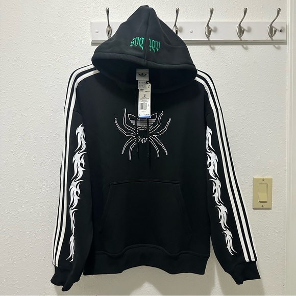 Adidas Black Hoodie with Spider and Flame Graphics, Size Men’s Small - Picture 2 of 8